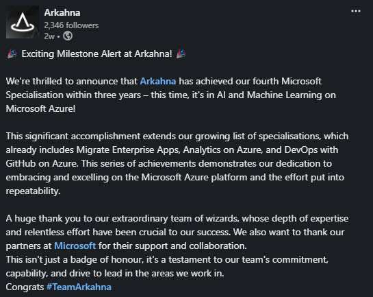 LinkedIn announcement of Arkahna AI/ML specialisation